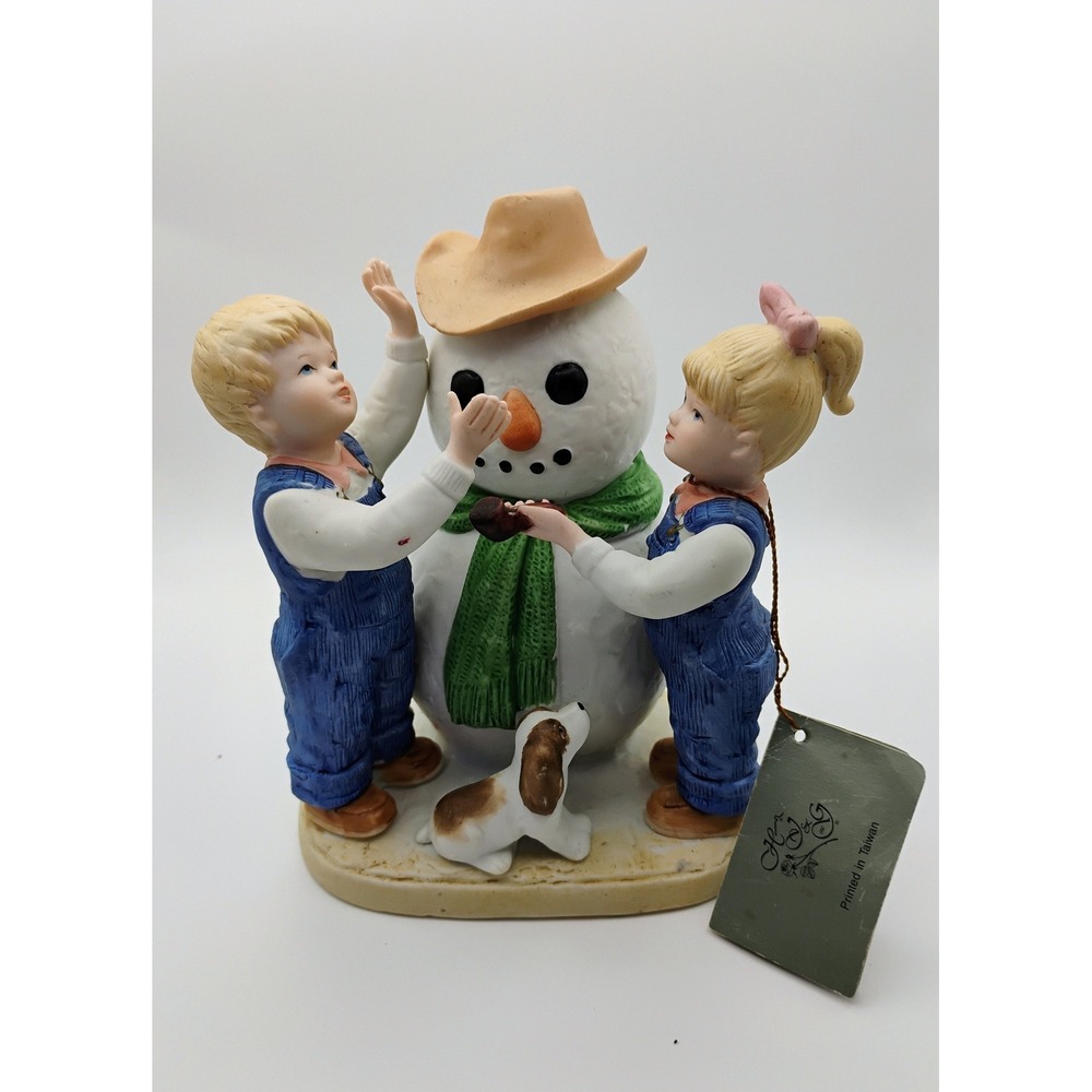 HOMCO Denim Days #1508 "Our Snowman" Vintage 1985 Figurine Kids w/ Snowman & Dog